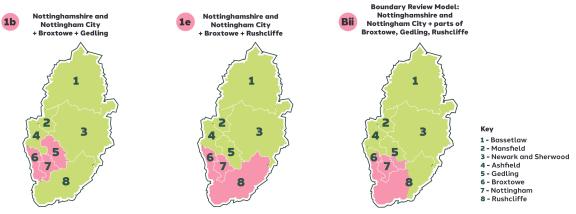 Maps showing the three proposals for local government reorganisation in Nottinghamshire